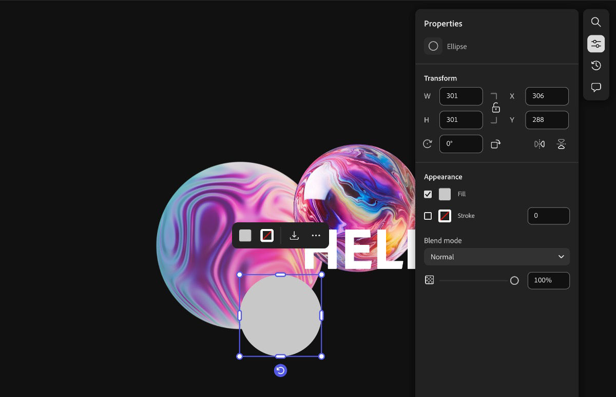 A shape element is selected, with options to edit it available in both the context menu and the Properties panel.