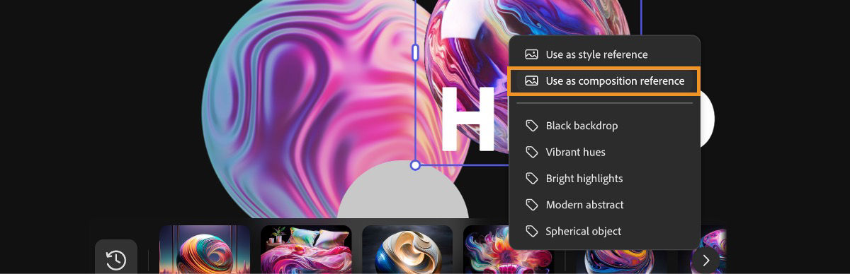The image on the canvas is selected, and from the context menu, the Use as composition reference option is highlighted.