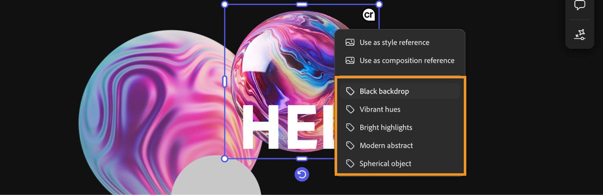 The image on the canvas is selected, and from the context menu, one of the multiple sub-prompts is highlighted.