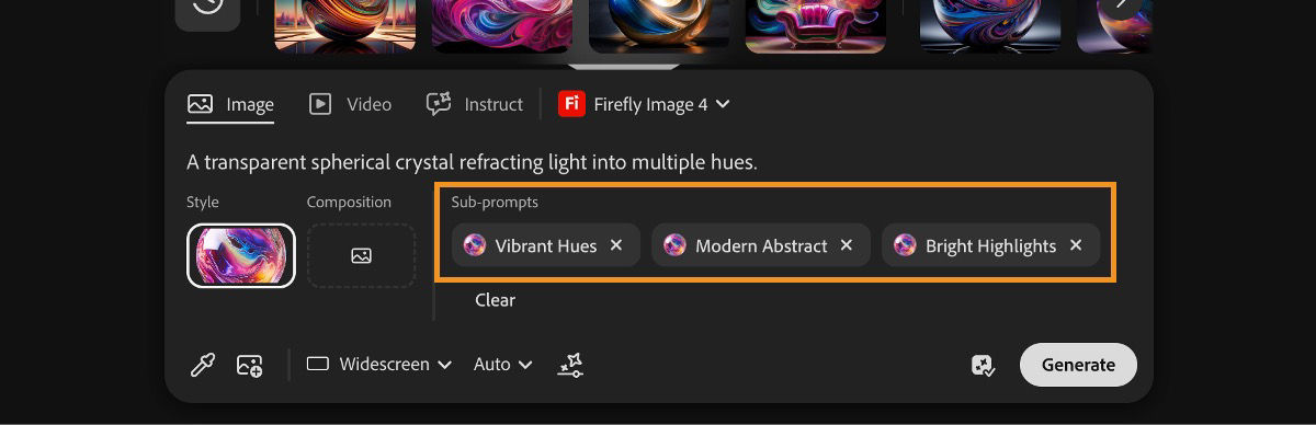 The auto-generated sub-prompts are generated after using the Sample from canvas option. The selected sub-prompts are added in the prompt bar.