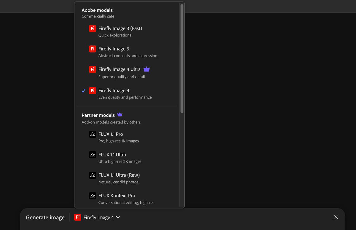 The Image Model dropdown menu is open, allowing selection between Firefly and Non-Firefly models, and setting the aspect ratio for generated images.