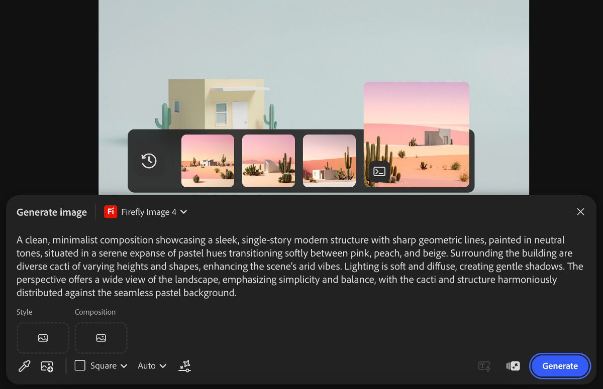 The generated image variations are listed, and one is selected to add to the canvas.