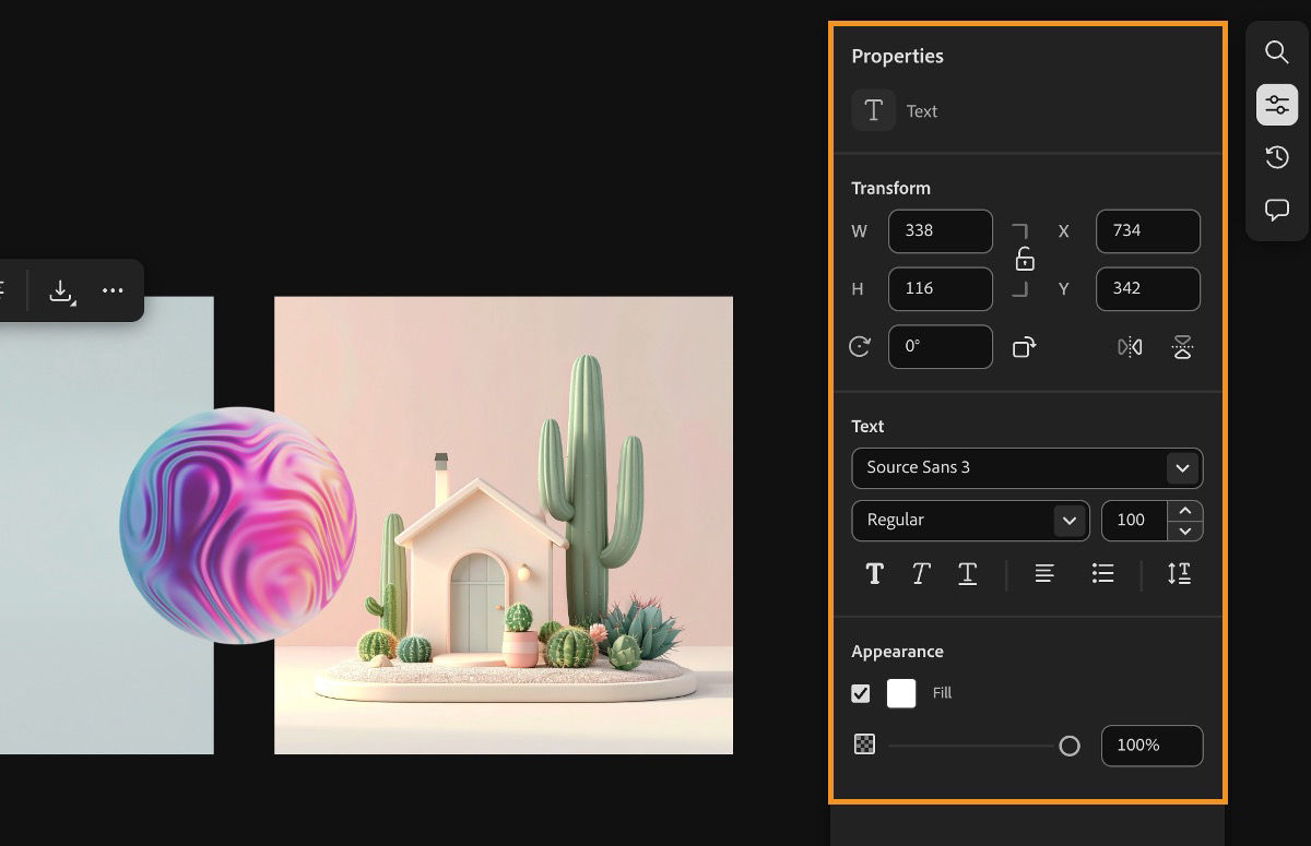 A text element is selected, with options to edit it available in both the context menu and the Properties panel.