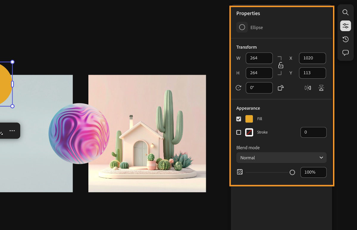 A shape element is selected, with options to edit it available in both the context menu and the Properties panel.