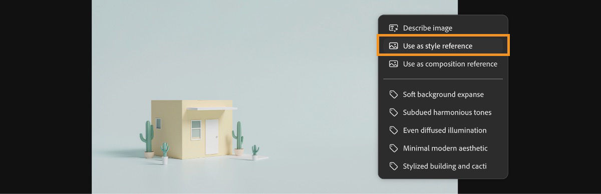 The image on the canvas is selected, and from the context menu, the Use as style reference option is highlighted.