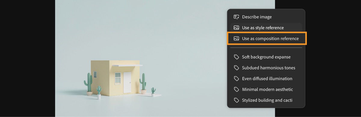 The image on the canvas is selected, and from the context menu, the Use as composition reference option is highlighted.