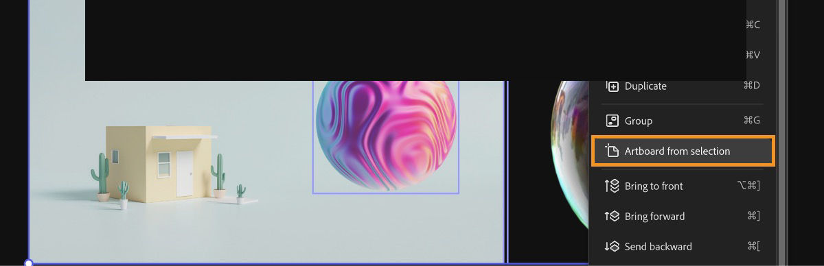 Images are selected on the canvas, and the option to create an artboard from the selection is selected.