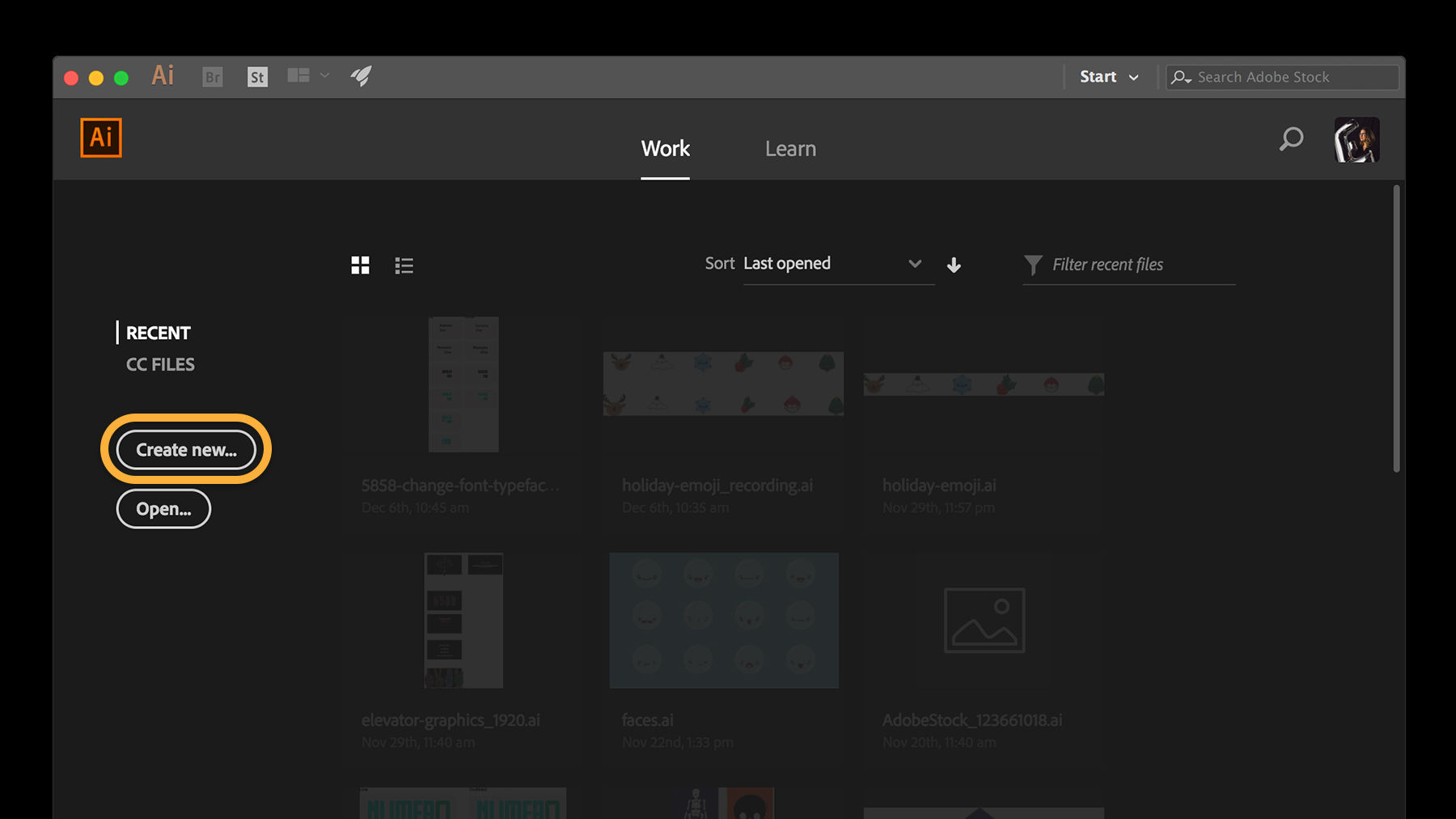 After opening Adobe Illustrator, press Control or Command + N, or click Create new to create a new document. 