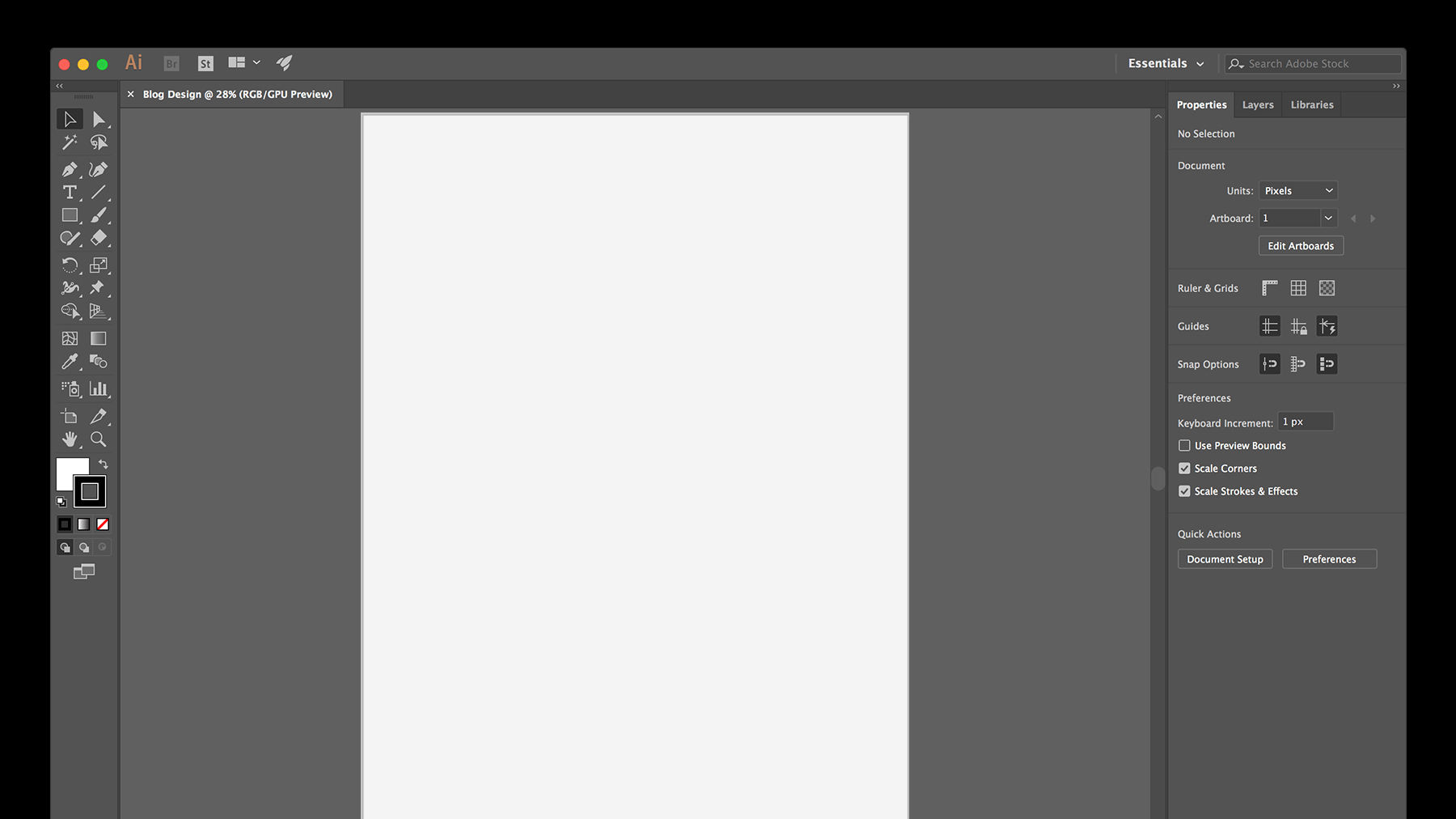 A blank artboard within Adobe Illustrator opens after clicking “Create”
