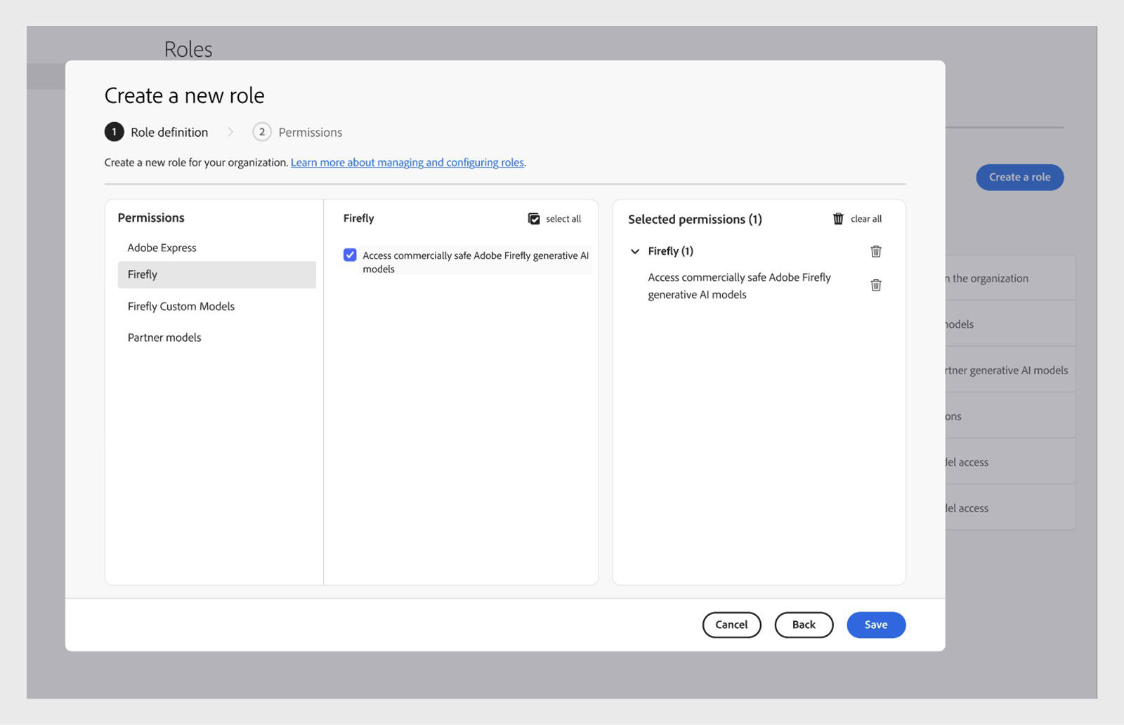 Image displays the Create role screen in the Admin Console, showing a list of permissions and capabilities you can select from