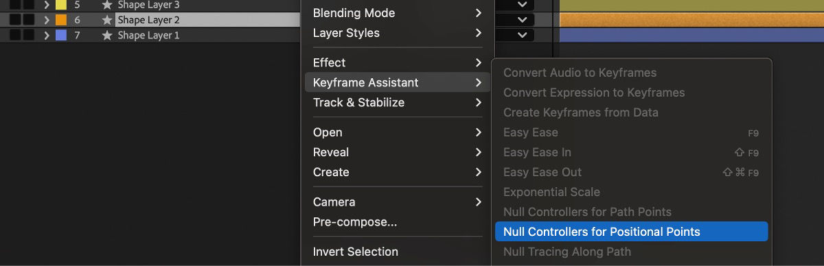 A shape layer is selected and from the context menu of Create, the Null Controllers for Positional Points is selected.