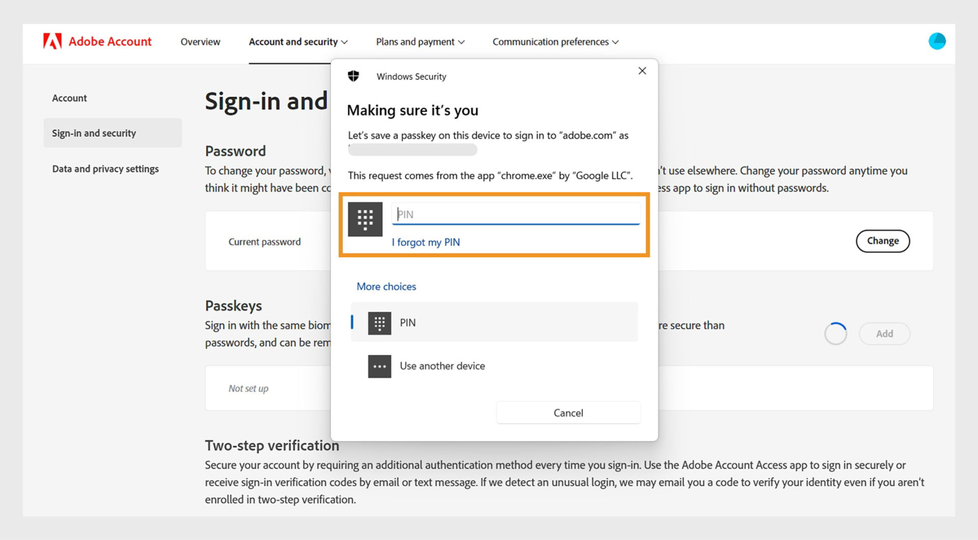 The field to enter the device PIN, available in the window to verify your identity, allows you to save your passkey using your device PIN and use it for signing in. 