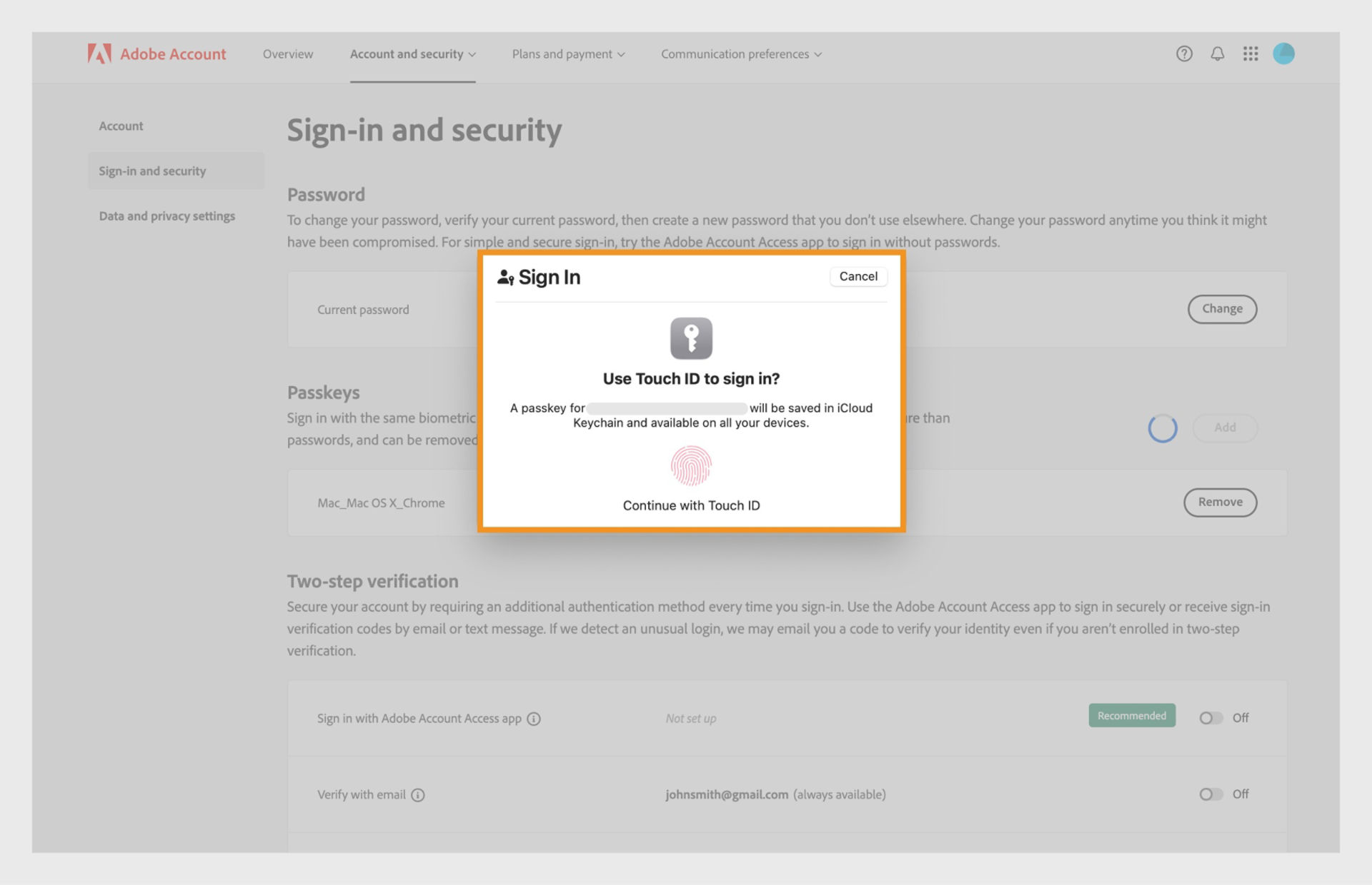 The Sign In prompt, which appears after you select Add, provides the option to save a passkey using your Touch ID or device PIN.
