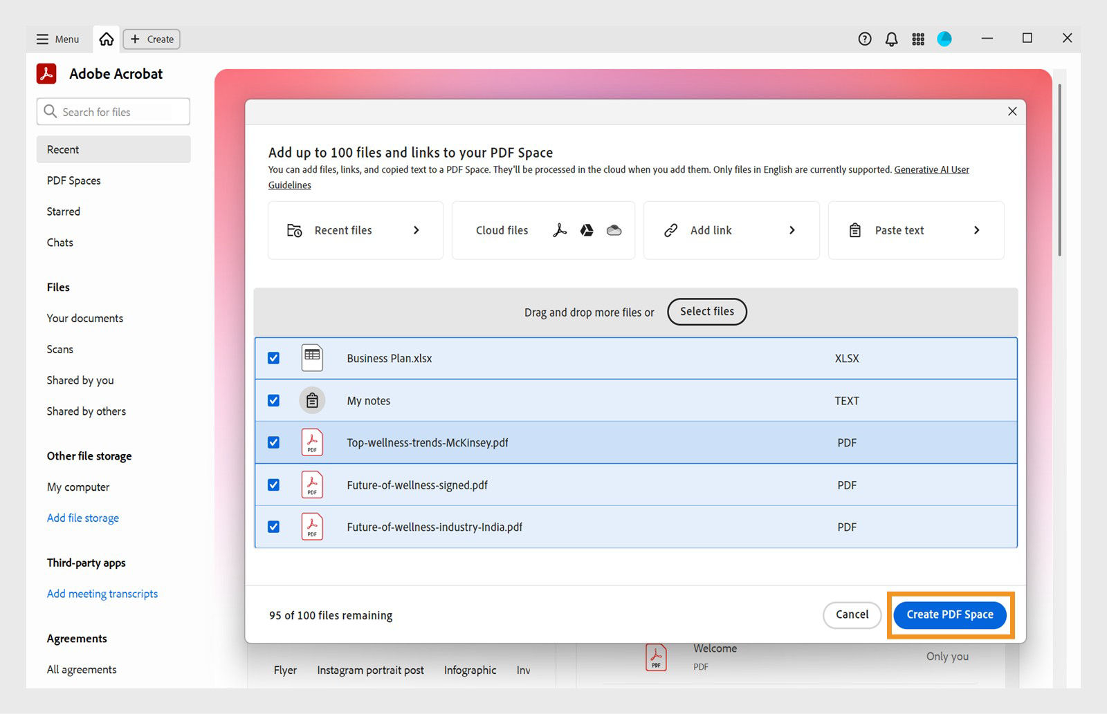 Dialog box for adding source files to a PDF Space, with options to upload from device, cloud storage, text input, or web URL.