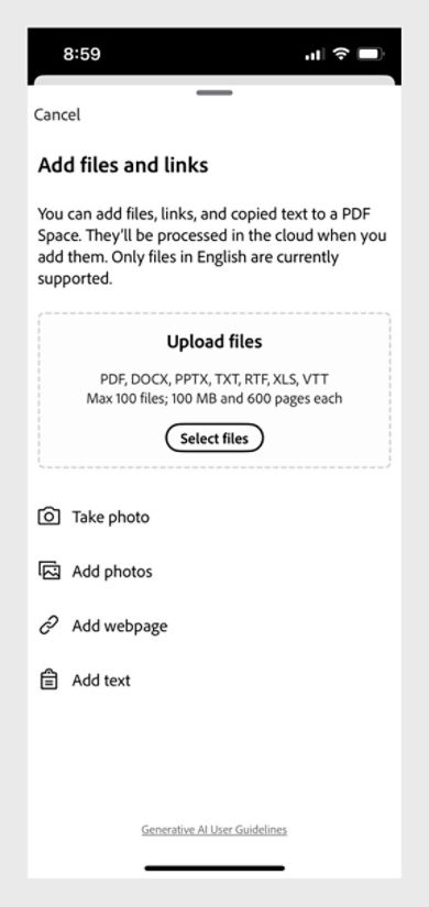 Dialog box to add files and links to PDF Space, with options to upload from device, add photos, insert text, or add web URL.