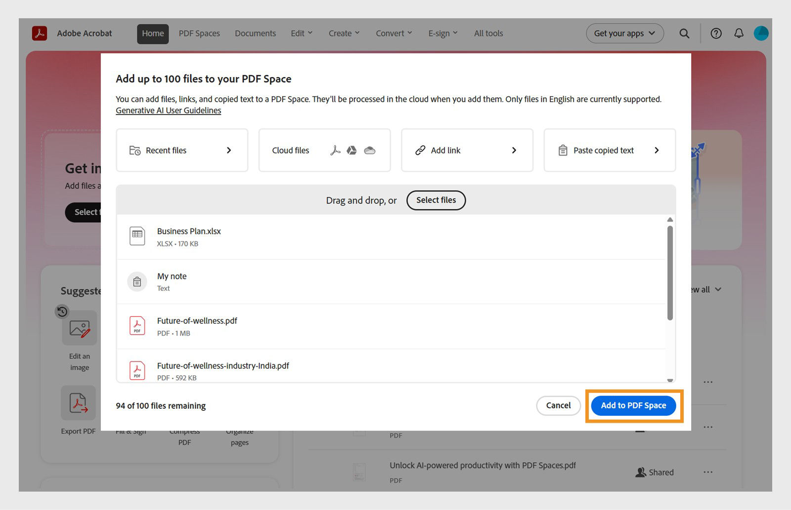 Dialog box to add files and links to PDF Space, with options to upload from device, cloud storage, text input, or web URL.