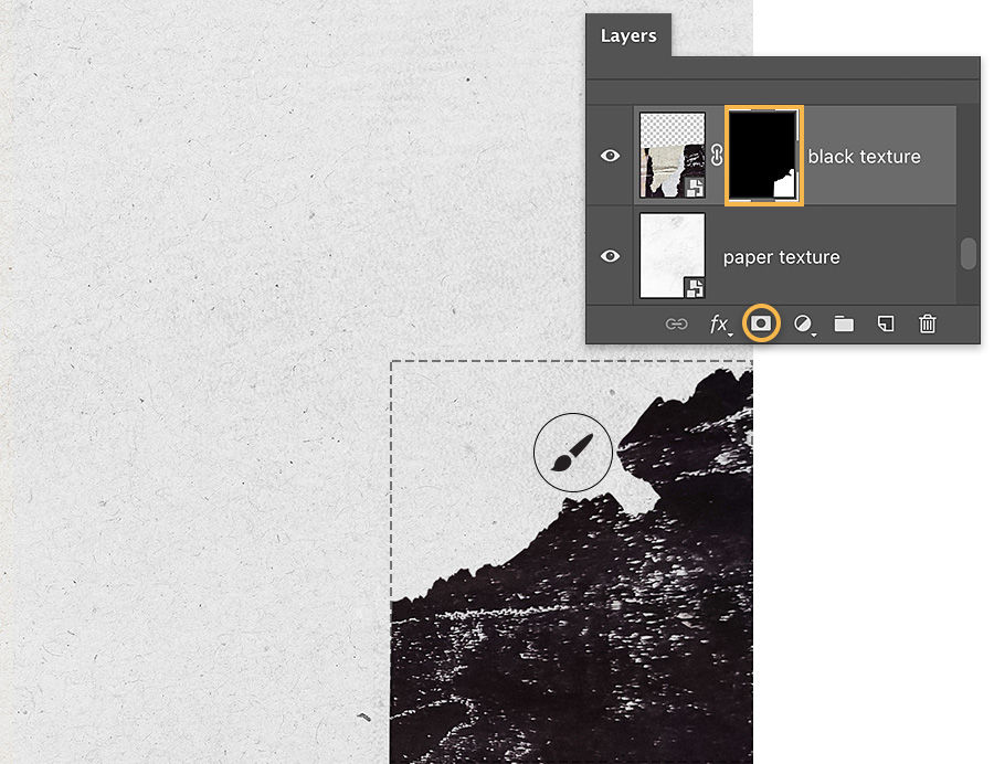 Two layer images, one light paper texture, one black texture with a Photoshop layer mask applied and a digital brush tool 