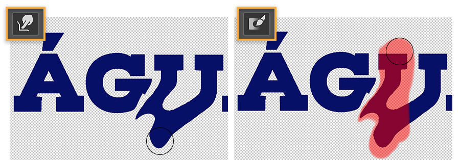 Two versions of the word AGUA, the letter U appears liquified in each, a red mask covers part of the U in the second 