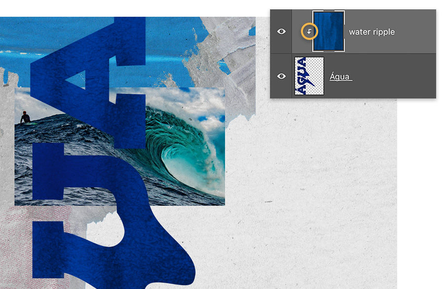AGUA is rotated on its side, two image layers visible, a blue water image is applied to the letters as a clipping mask