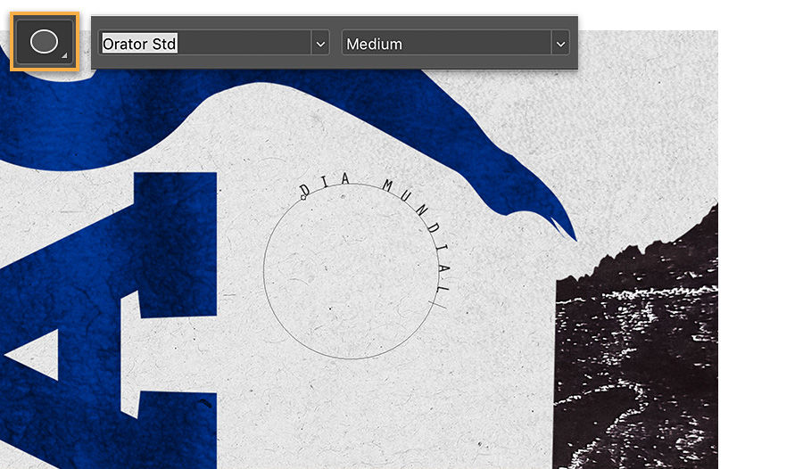 Ellipse shape tool is highlighted, the words ‘Dia Mundial’ are typed on a circular path