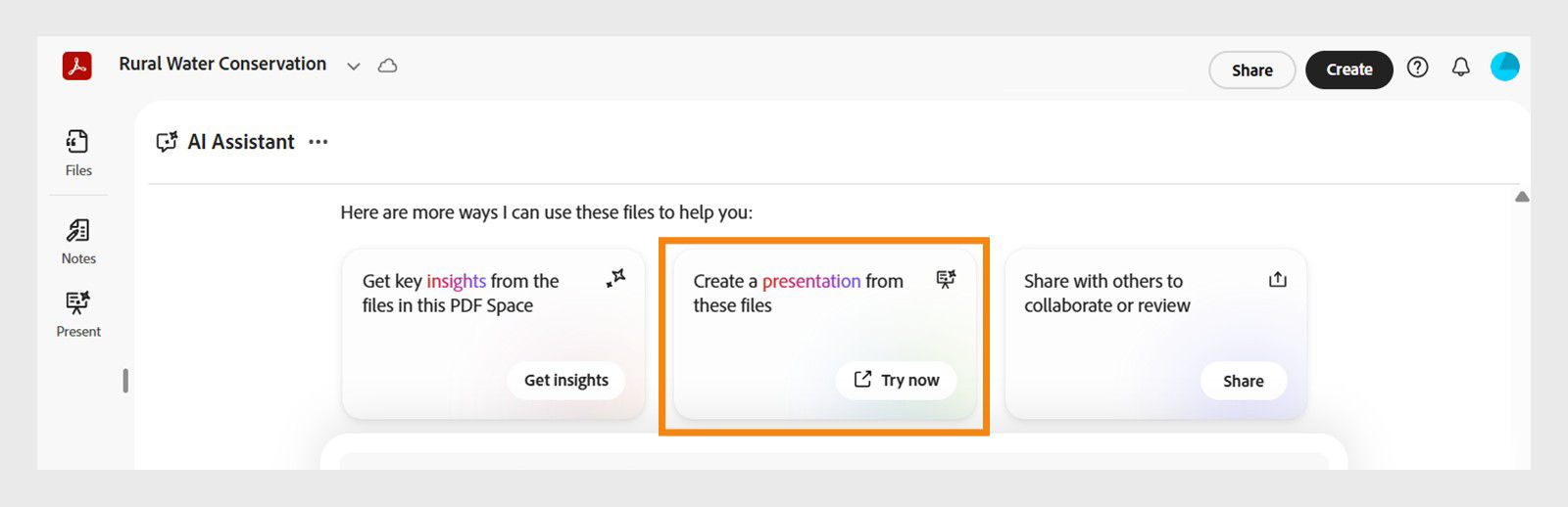 A PDF Space in Acrobat Studio shows suggested prompts, where the prompt to create a presentation from the files is highlighted in orange.