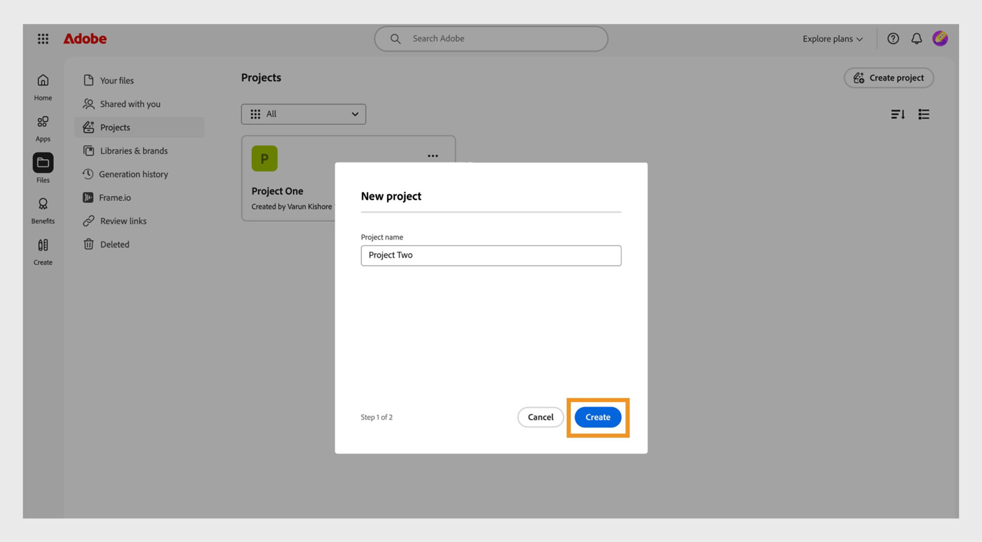 The Create button, available at the bottom-right corner of the New project window, allows you to create a new project after entering a project name. 