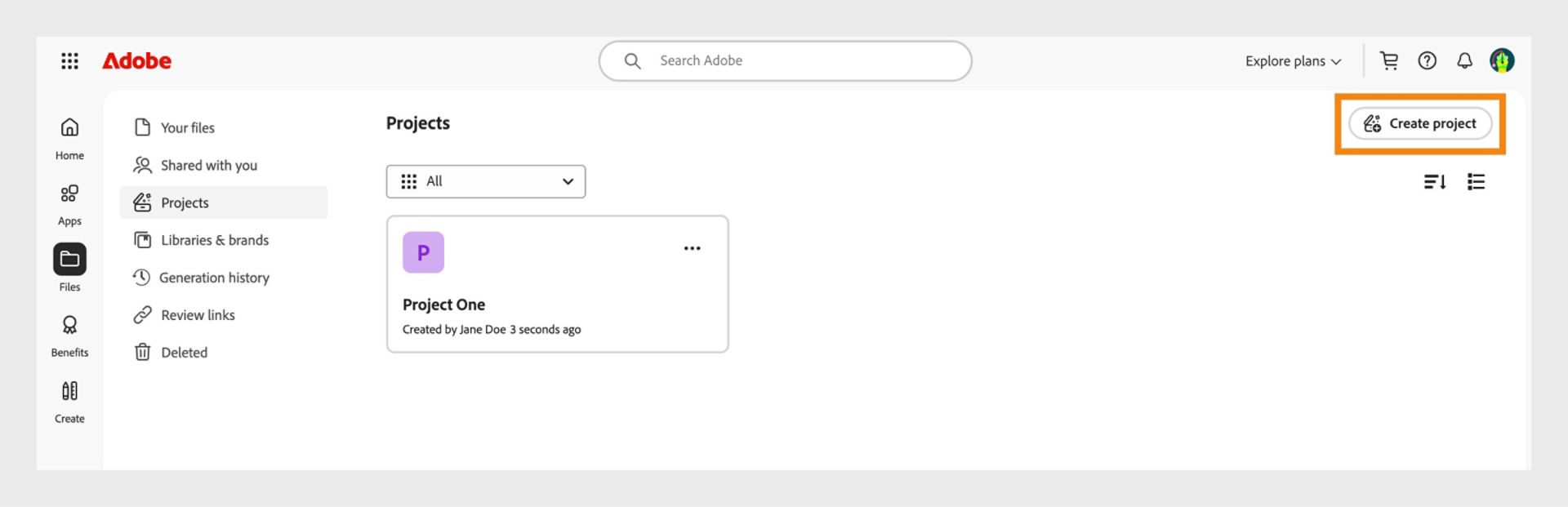 The Create project button, available at the upper-right corner in the Projects tab, allows you to create a new project. 