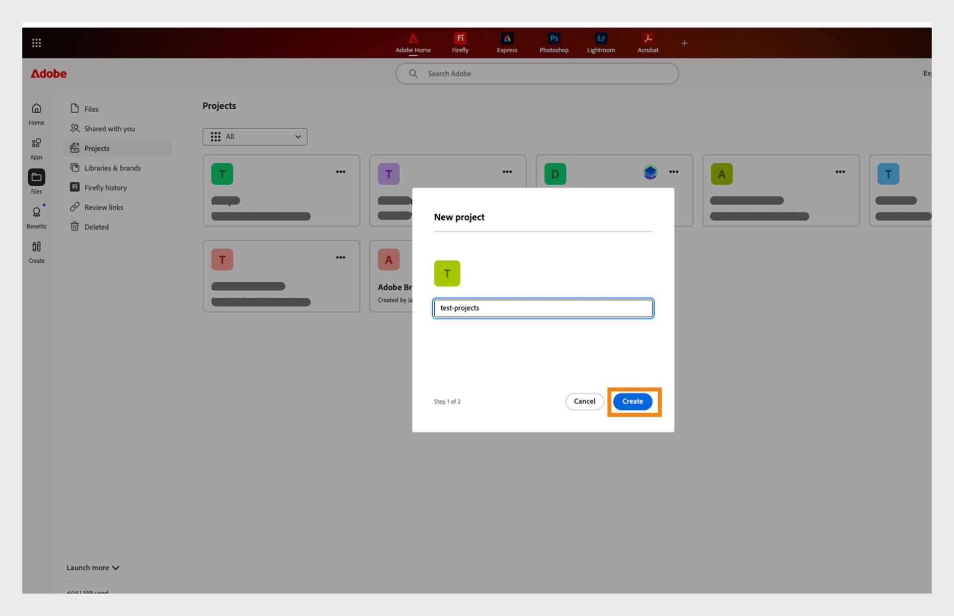 Select Create to set up the new project.