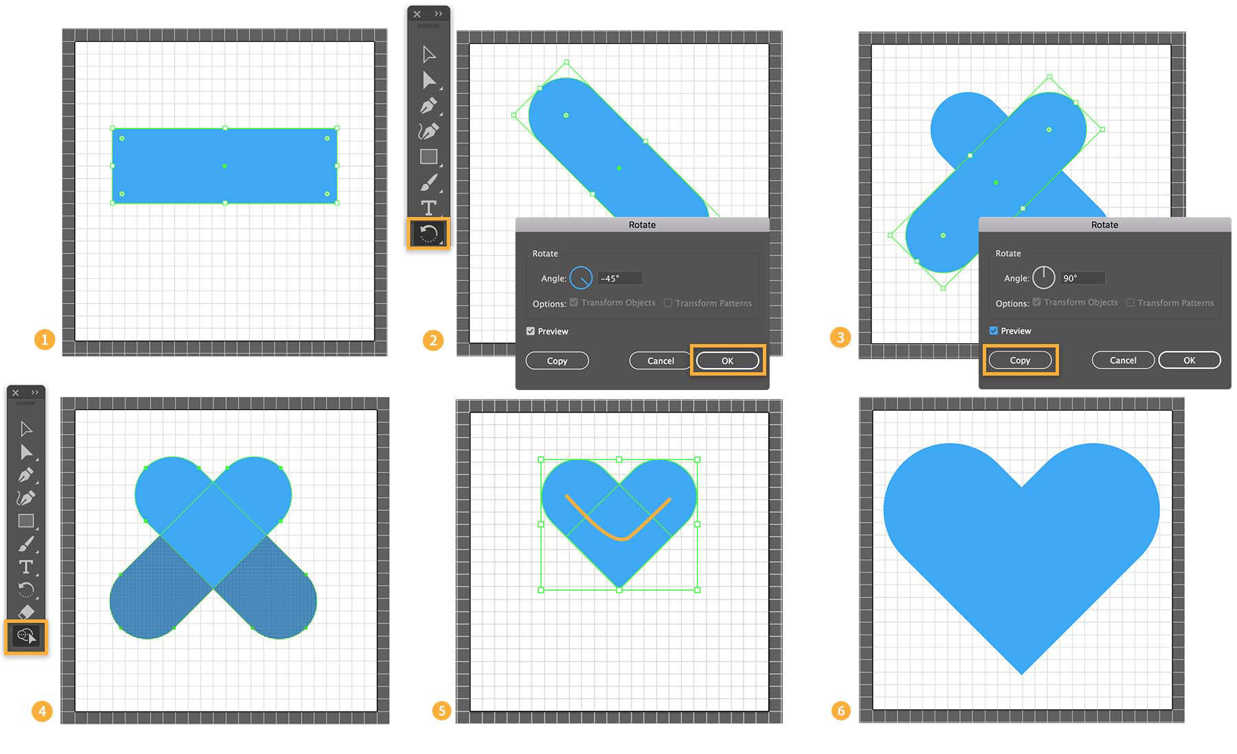 A heart is created by joining rectangles, rounding the corners, and using the Shape Builder tool to remove extra parts.