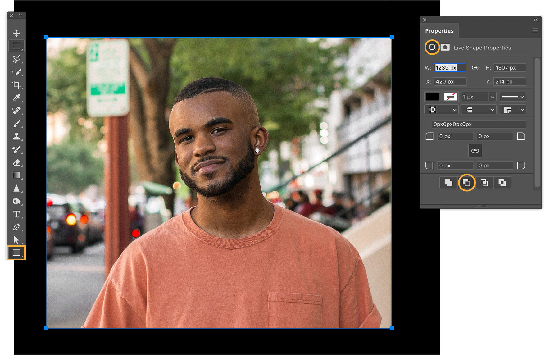 Selection is drawn around man’s head and shoulders using Shape tool. Subtract Front Shape is highlighted in Properties panel 