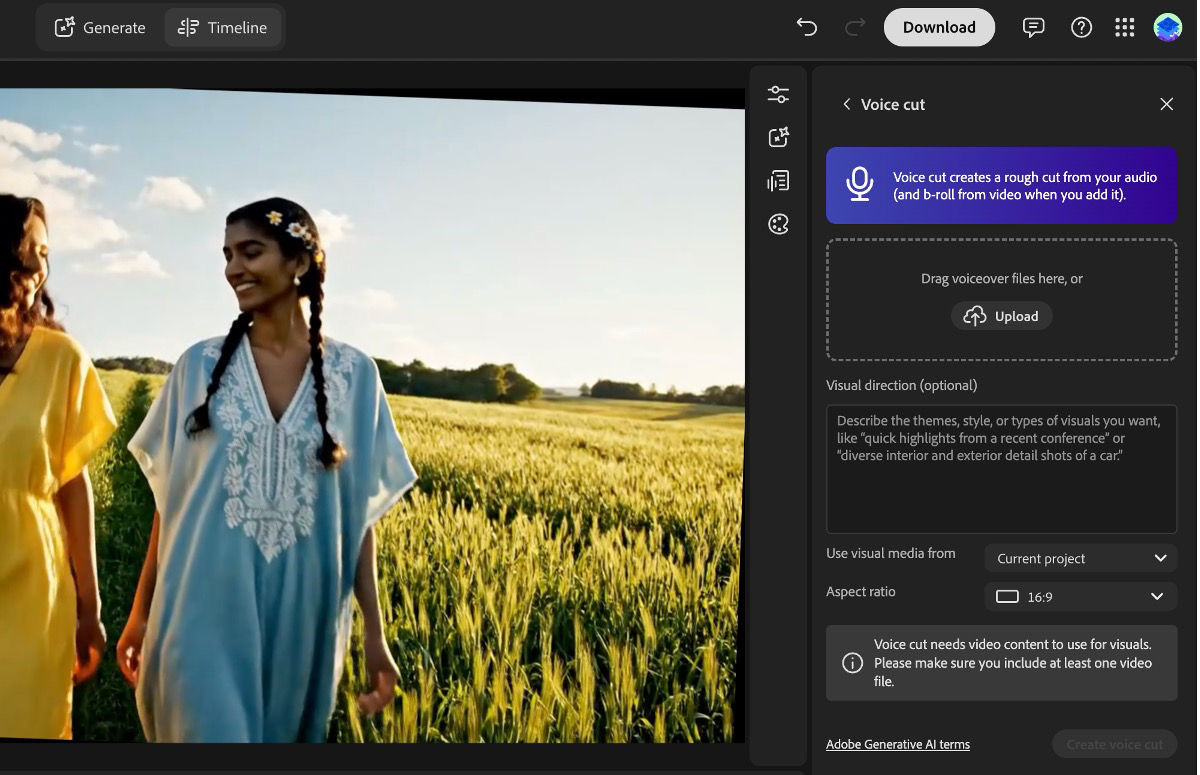 Voice cut panel shows voiceover upload, visual direction, visual media source, and aspect ratio options.