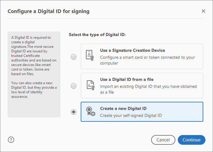 Select the type of Digital ID