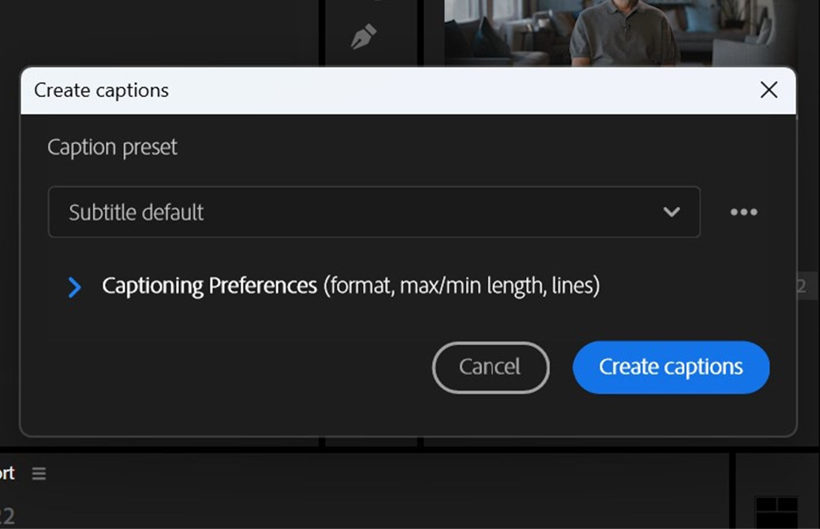 Create captions dialog box is open with options for as to how captions can be arranged on the Timeline.