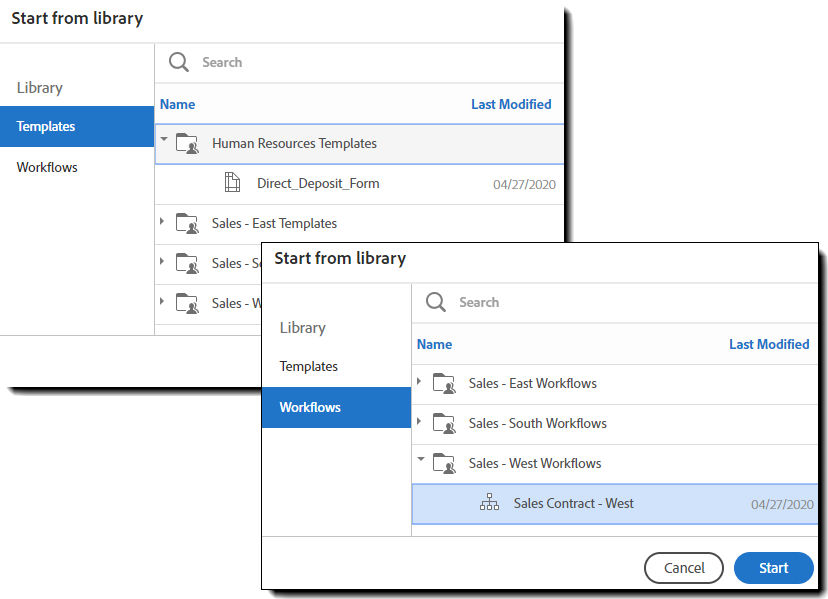 Start agreement from tempalte or workflow