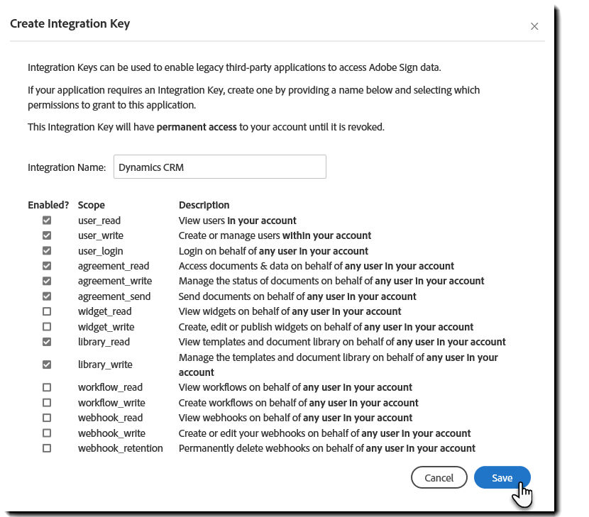 The Create Integration Key interface