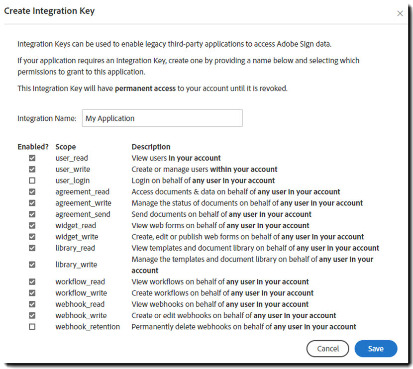 Create Integration Key interface