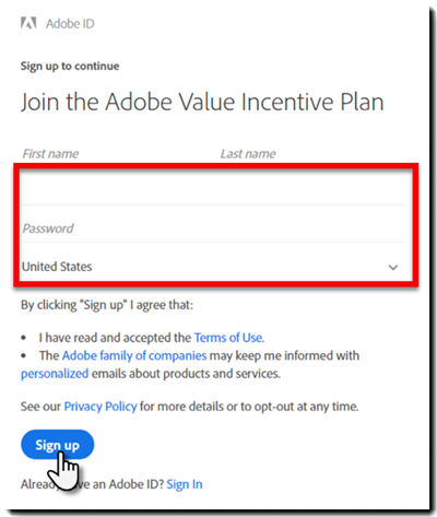 Create new Adobe ID