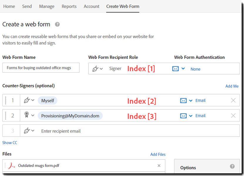 Multiple recipients in the Create Web Form interface