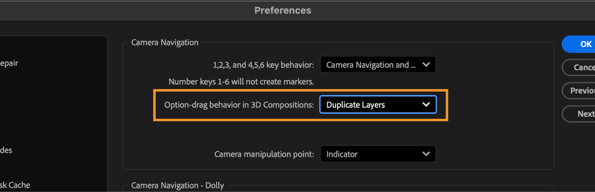The Preferences dialog box is open and in 3D pane, under Camera Navigation, the Option-drag behavior in 3D Compositions option is checked.