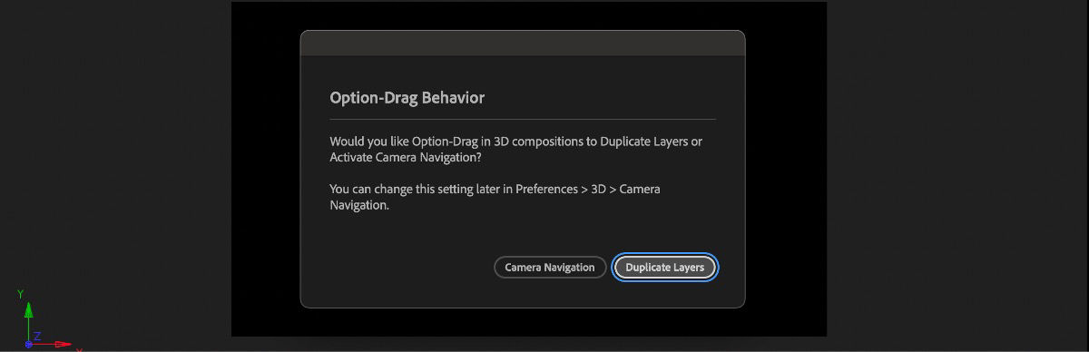 Option-Drag behavior dialog box is open with the options to set it to allow Camera Navigation or Duplicate Layers.