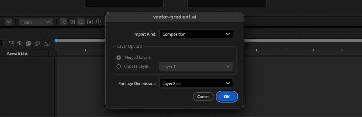 The import dialog box is open and the Import kind option is set to Composition.