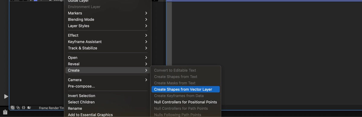 A layer is selected in the Timeline panel and Create Shapes from Vector Layer is selected.
