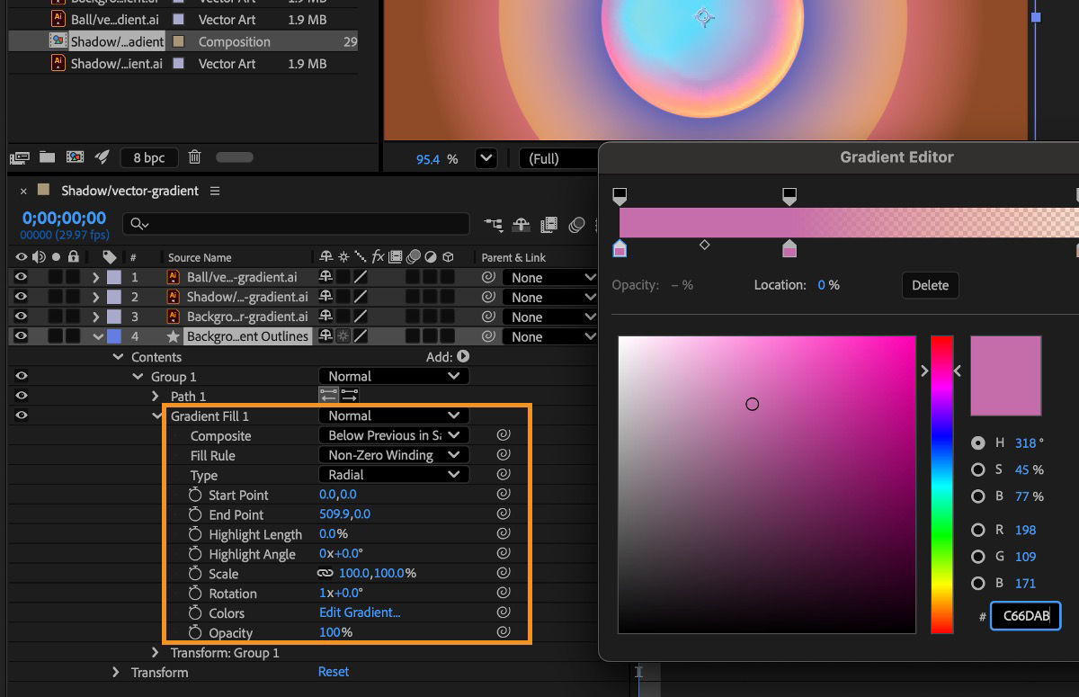 One of the layers with a gradient element is selected, and Gradient Fill 1 is highlighted.