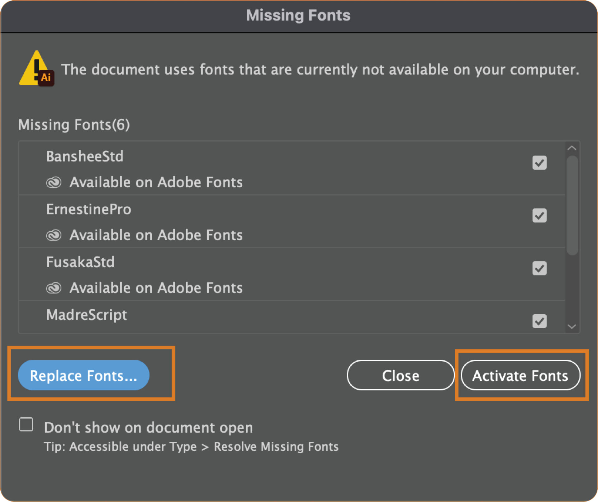 Missing Fonts dialog performs a check for availability of the fonts on the Typekit website