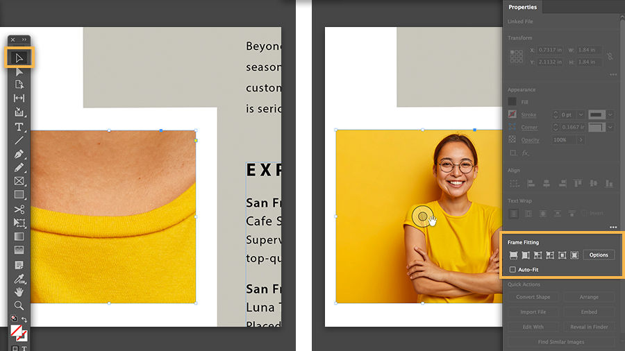 Placement of headshot image before and after scaling and repositioning the photo