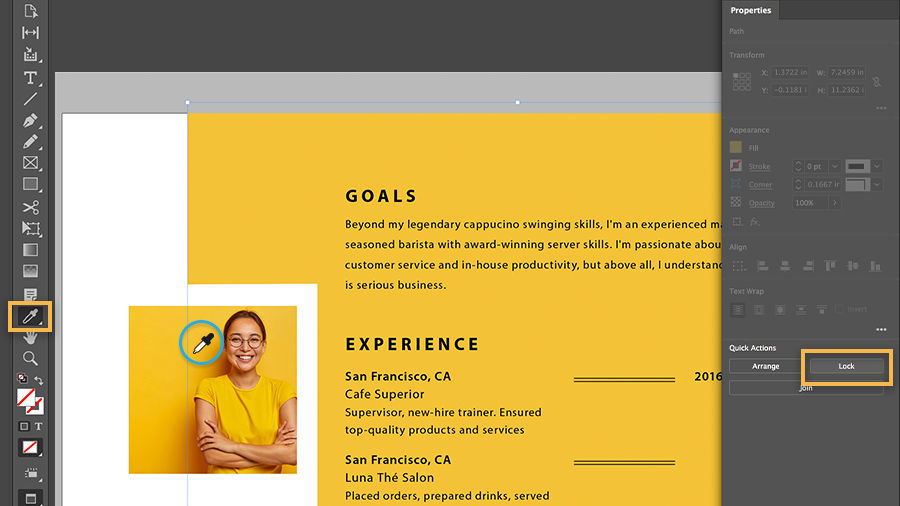 Color picker being used to select a yellow from the headshot photo to use as background color of resume