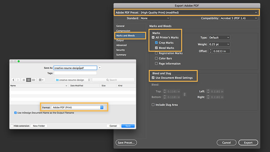 Save As dialog box showing Save as Adobe PDF options for high-quality print