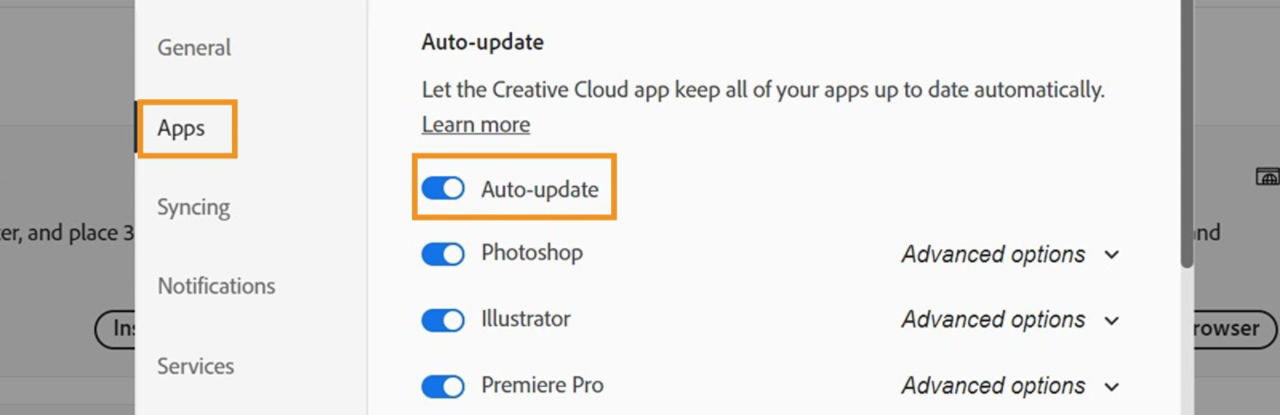 The Preferences dialog is open with the options Apps and Auto-update highlighted.  Enable the auto-update option to automatically update your beta apps.