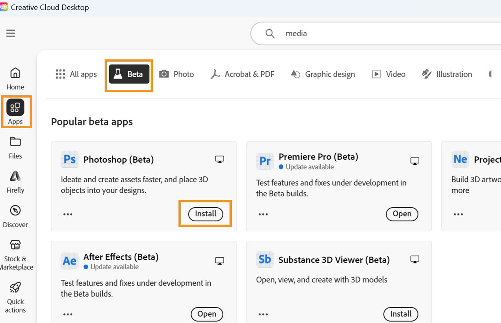 Creative Cloud desktop app is open and the options Apps, Beta, and Install are highlighted. Select Install for your Beta app to install the app. 