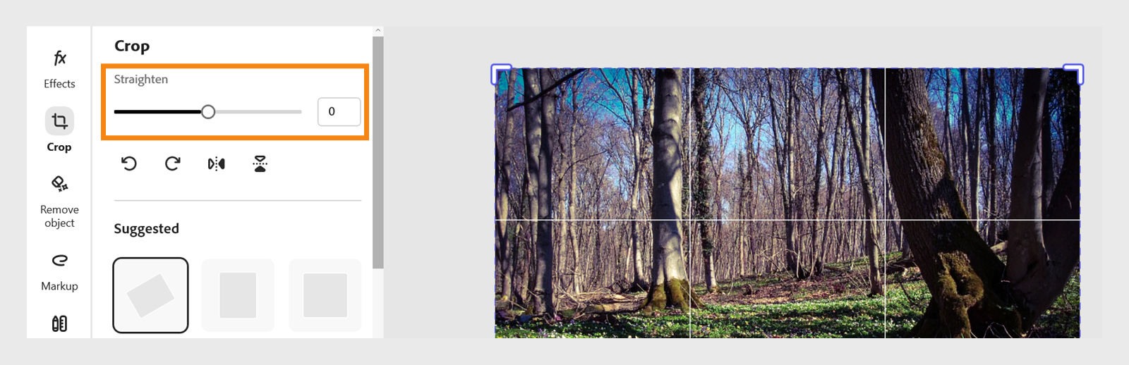 The Adobe Express Photos editor displays the Crop panel, featuring a Straighten slider ranging from -33 to 33, along with suggested crop options positioned on the left.